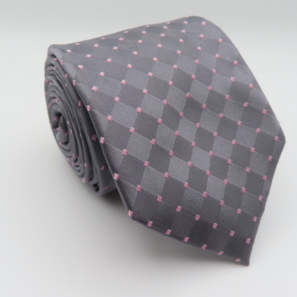 Michael Kors Tie Silk Gray Pink Polka Dot 3" Wide 57" Long Thin